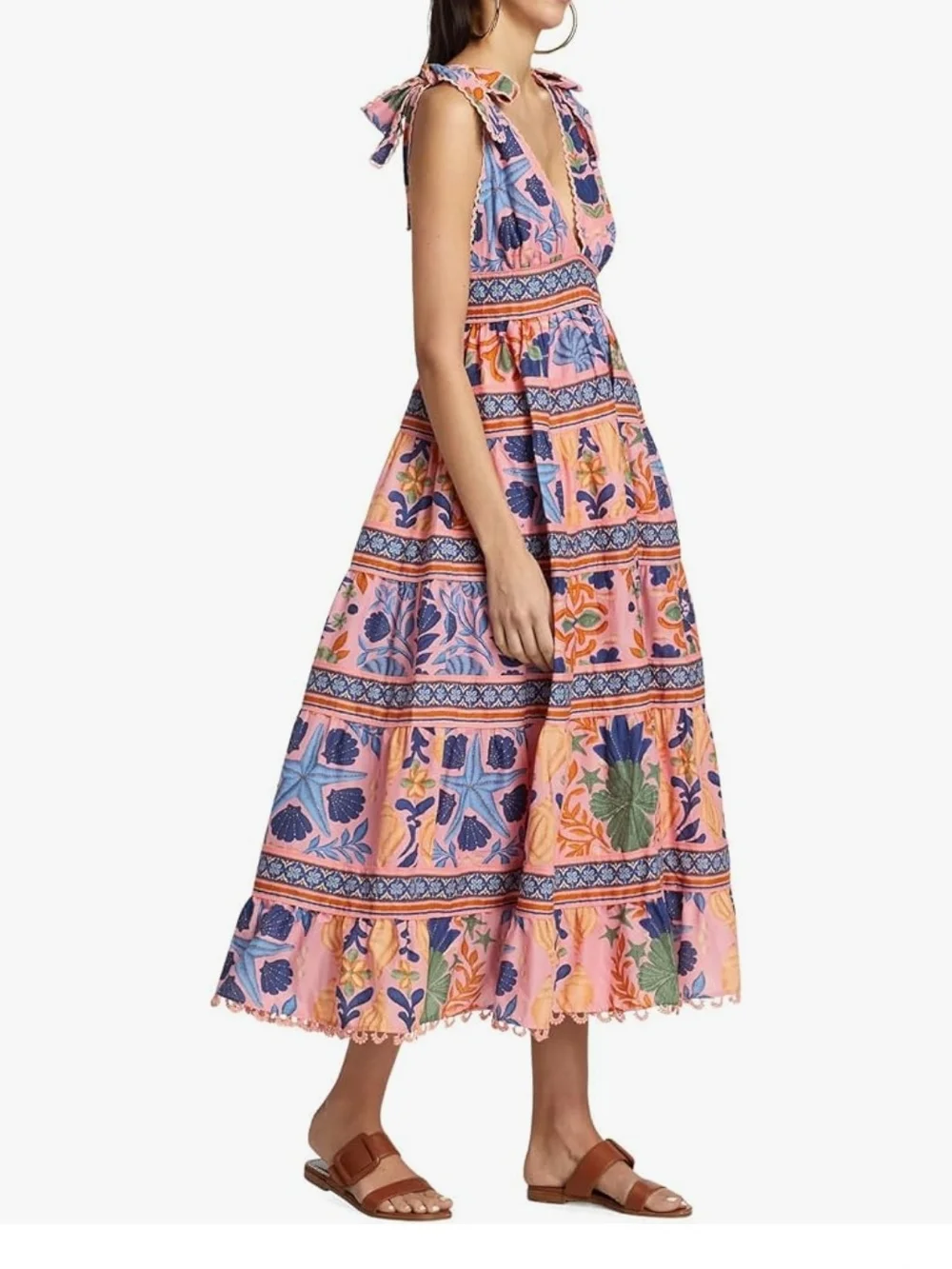 Farm Rio Seashell Tapestry Tiered Pink Midi Dress - Picture 4 of 11